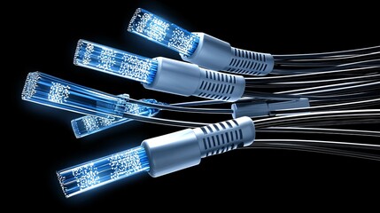 Poster - Macro detail of light flowing through fiber optics, focusing on telecommunication technology and data systems