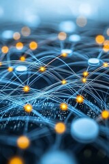 Poster - a global city network visualized through glowing fiber optic cables connecting across continents