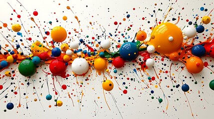 Poster - Vibrant Abstract Composition with Colorful Spheres and Dynamic Splashes of Paint Creating a Burst of Energy and Artistic Expression
