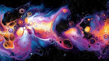Poster - Abstract Painting with Dynamic Swirls in Vibrant Colors, Merging Rich Blues and Fiery Oranges Against a Dark Background for Artistic Inspiration