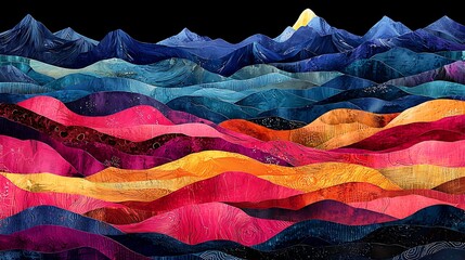 Poster - An Artistic Exploration of Negative Space in a Vibrant Landscape Featuring Layered Waves of Color Against a Dark Background