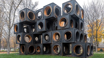 Poster - Oversized Artistic Installation of Geometric Cubes with Circular Openings Surrounded by Trees in an Urban Park Setting