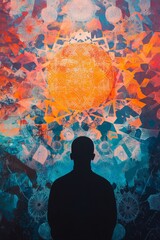 Wall Mural - A man is standing in front of a colorful painting. The painting is full of bright colors and has a sun in the center