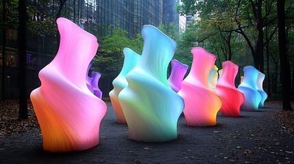 Poster - Artistic Outdoor Installation Featuring Colorful Illuminated Sculptures in a Natural Setting Amongst Trees, Showcasing Creative Design and Light Effects