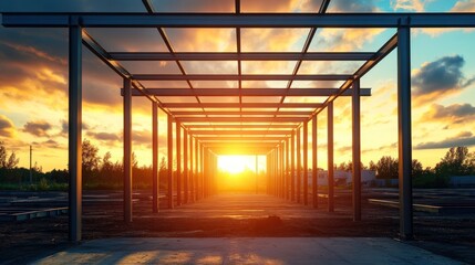 Poster - Steel Structure Sunset Construction Site Silhouette