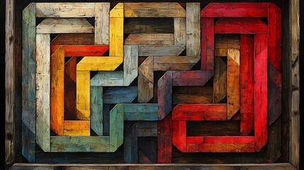 Poster - Colorful Geometric Shapes Interlocking to Create a Unique and Vibrant Pattern Exhibiting Artistic Elegance and Creative Design in a Rustic Wooden Frame