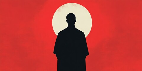 Wall Mural - A man stands in front of a red background with a black silhouette