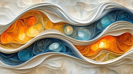Poster - Layered Abstract Composition with Seamless 3D Shapes in Warm and Cool Tones, Creating a Visual Harmony of Colors and Forms
