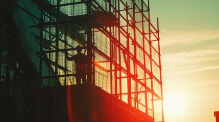 Poster - Silhouette of Worker on Construction Scaffolding at Sunset