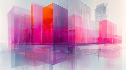 Poster - Vibrant Abstract Geometric Patterns in Kaleidoscopic Design Showcasing Luminous Cubes Overlayed with Bright Colors and Reflections on Modern Architecture