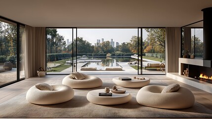 Poster - Modern Interior with Inviting Seating and Expansive Views, Showcasing Vertical Stripes in Muted Tones That Enhance Stylish and Serene Atmosphere in a Contemporary Living Space