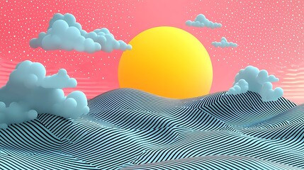 Poster - Vibrant Geometric Patterns with Bold Stripes and Playful Cloud Shapes Against a Bright Yellow Sun and Pastel Background in a Surreal Landscape