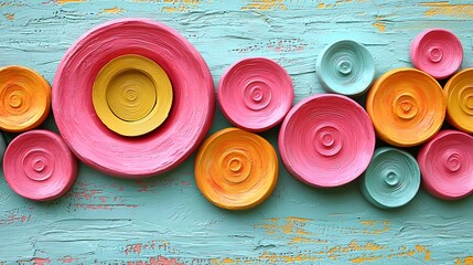 Poster - Vibrant Polka Dot Patterns in Various Sizes with Colorful Circular Plates on Textured Background for Creative and Artistic Design Projects