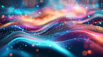Poster - Abstract 3d technology background with colorful neon waves in dark space - futuristic digital wallpaper