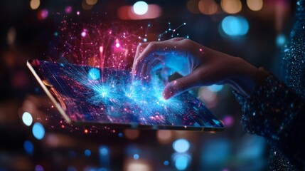 Poster - Futuristic technology background featuring abstract digital data streams, glowing blue lines, and high-tech elements for modern digital marketing, information technology concepts, and innovative busin