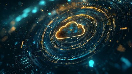 Poster - futuristic technology background with cloud computing, digital data flow, and hologram display, feat