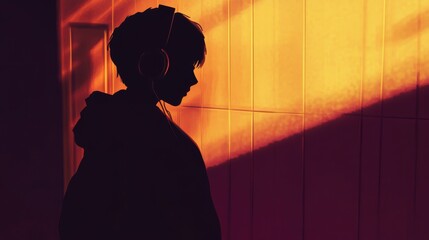 Wall Mural - A person wearing headphones is standing in front of a wall. The wall is orange in color
