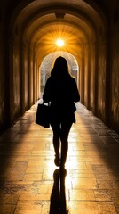 Canvas Print - A woman is walking down a hallway with a black purse. The hallway is dimly lit. The woman is wearing a black jacket