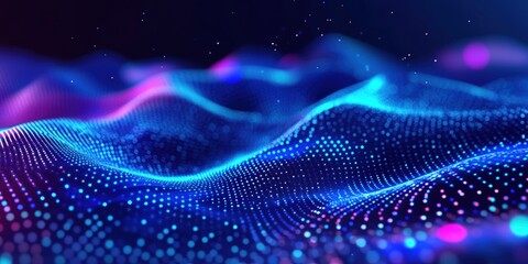 Poster - Abstract Futuristic 3D Render of a Glowing Background with Waves and Particles, Perfect for Technology and Science Themes
