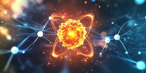 Poster - Detailed 3D Rendering of an Atom Featuring Protons and Neutrons with Visual Representation of Electron Paths and Energy Connections