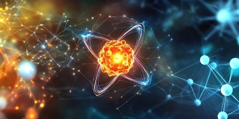 Poster - detailed 3d rendering of an atom showing protons and neutrons with an explanatory background and vib