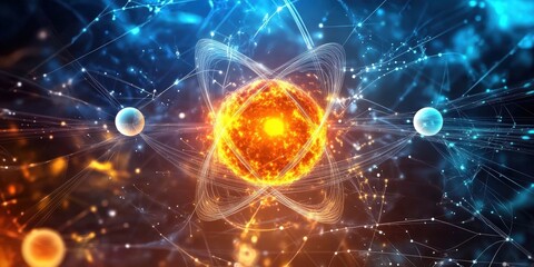 Poster - Stunning 3D Rendering of an Atom Featuring Protons, Neutrons, and Electrons in a Dynamic Space with Light Trails and Energy Effects