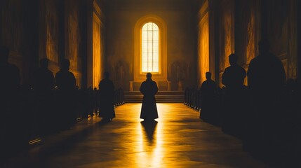 Poster - Silhouettes in a cathedral with sunlight through stained glass, creating a serene and spiritual ambiance.