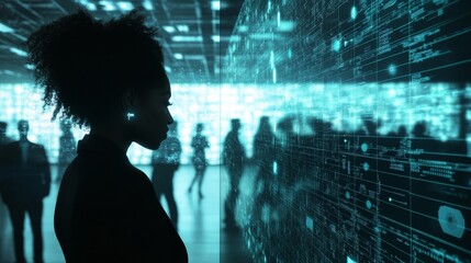 Poster - Futuristic technology transformation featuring black professionals collaborating in a modern office setting with overlay of ai, 5g network, big data visuals, and social connection elements in a dark a