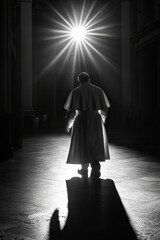 Canvas Print - A man in a long robe is walking in a dark hallway. The hallway is lit by a bright light shining on the man. Concept of mystery and solitude