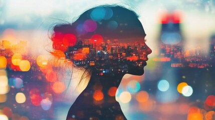 Wall Mural - double exposure art featuring a woman’s silhouette overlaid with vibrant city lights at night, highl
