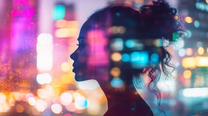 Wall Mural - double exposure art featuring a woman’s silhouette overlaid with vibrant city lights at night, highl