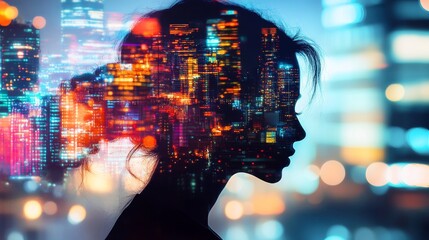 Wall Mural - double exposure art featuring a woman’s silhouette overlaid with vibrant city lights at night, highl