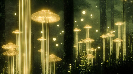 Wall Mural - Glowing mushrooms illuminate a mystical forest at night.