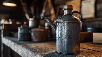 Poster - Rusted Metal Oil Can On Wooden Shelf