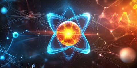 Poster - Stylized Representation of an Atom with Protons, Electrons, and Neutrons in a Colorful Cosmic Background for Scientific and Educational Use