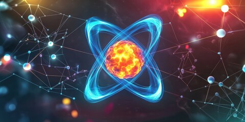 Poster - Stylized Representation of an Atom with Protons, Neutrons, and Electrons in a Vibrant Digital Artwork Depicting Atomic Structure and Energy