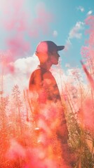 Canvas Print - a man is standing in a field of pink flowers. he is wearing a black shirt and a hat