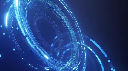 Poster - Abstract glowing blue lines in geometric circular shapes over a dark blue backdrop, exuding modernity and advanced technology vibes