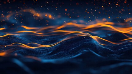Poster - Abstract glowing wave-like lines ripple across a dark blue background, combining elegance and innovation in design