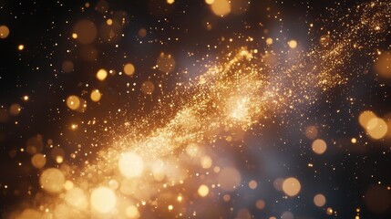 Wall Mural - Abstract golden light particles form a dreamy bokeh effect on a dark backdrop, perfect for holiday and festive designs