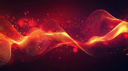 Poster - Abstract red glowing lines weave into dynamic patterns on a dark crimson background, perfect for high-tech themes and bold designs