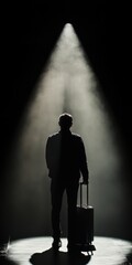 Wall Mural - A man is standing in front of a suitcase. He is wearing a black jacket. The suitcase is black and has a silver handle