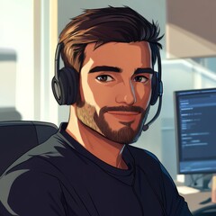 Poster - Handsome male technical support operator working at his workplace in call center office.