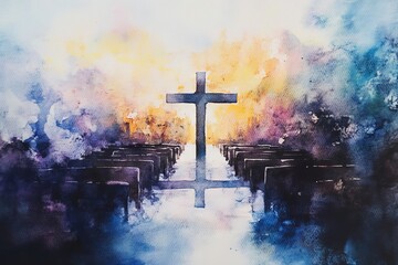 Poster - A vibrant watercolor artwork depicting a church interior with wooden pews and a glowing cross, creating a peaceful and spiritual ambiance.