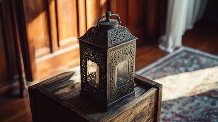 Aufkleber - Ornate Metal Lantern Rests On Wooden Box