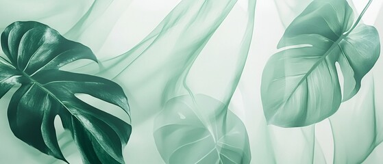 Canvas Print - A serene composition featuring translucent green leaves and flowing fabric.