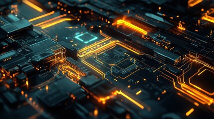 Poster - Abstract Close-up of Glowing Orange Circuit Board, Futuristic Technology Background, High-Tech Digital Network, Electronic Hardware, Computer Components, 3D Render