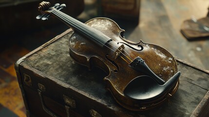 Aufkleber - Aged Violin Rests on Antique Wooden Trunk