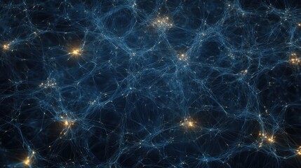Poster - Abstract Neural Network Background Intricate Web of Connections with Glowing Nodes, Deep Blue and Gold Hues - Perfect for Technology, AI, and Neuroscience Concepts