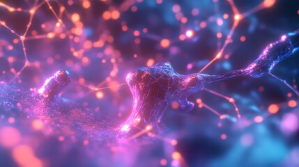 Poster - Abstract Neural Network Vibrant Pink and Blue 3D Render of Interconnected Nodes, Glowing Bokeh Background -  Science and Technology Stock Photo